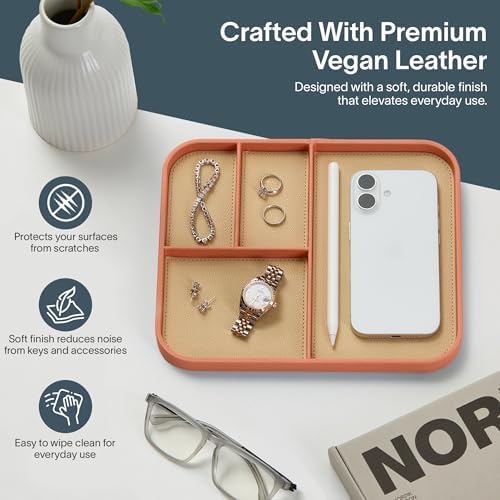 Nordik Leather Valet Tray - Medium EDC Tray - Coral Blush 9.5 x 7.9 in