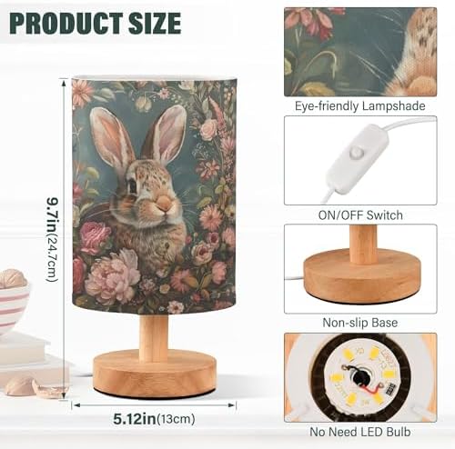 Table Lamp Bunny Floral Rose Daisy Flower Nightstand Lamp with Wood Base Fabric Lamp Shade Bedside Desk Lamp for Living Room Bedroom Kids Room Office