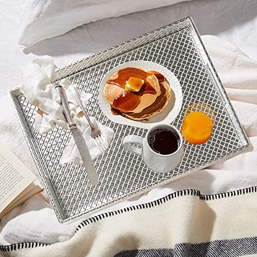 HofferRuffer Rectangle Serving Tray with Hole Handles for Coffee Table, Breakfast, Tea, Food, Butler - Countertop, Kitchen, Vanity Serve Tray, 16.2 x 12.2 x 2 inches, Faux Leather (Silver)