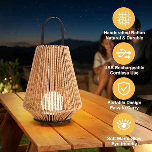 Cordless Lamp Rechargeable Table Lamp with Woven Shade, Wireless Portable Battery Operated Lamp, Small Decorative Ambient Table Lamp for Bedside, Indoor &Outdoor Table Light