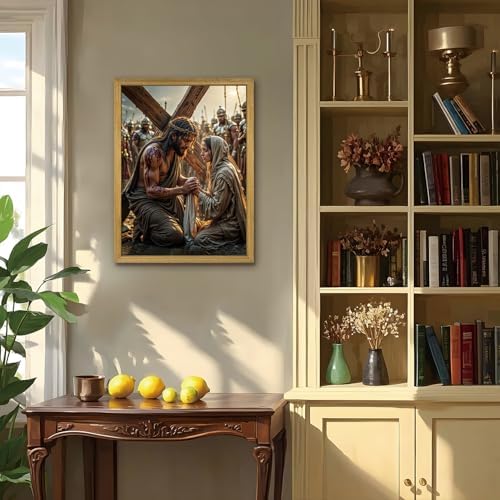 Wood Framed Jesus Carrying Cross Wall Art, Christian Religious Canvas Painting, Jesus and Woman Poster Print, Faith Spiritual Artwork for Church Living Room Prayer Room Bedroom Wall Decor 16x24 Inch