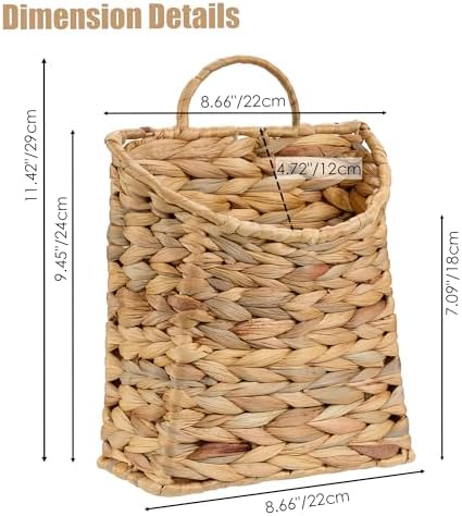 PINXIURY Water Hyacinth Hand Woven Basket, Wicker Hanging Wall Basket, handmade Decor & Storage Organizer for Entryway, Bathroom, Living Room, Farmhouse, and Front Door, 8.7 x 4.7 x 11.4 inch