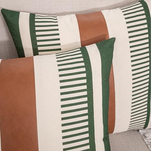 Decorative Farmhouse Throw Pillow Covers 18x18 Accent Faux Leather Pillowcase Rustic Boho Decor,Olive Green and Beige (Cover ONLY, Pack of 2)