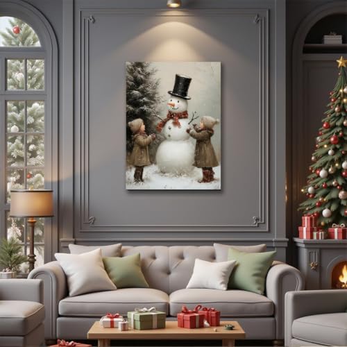 Framed Christmas Decoration 12x18 inch, Vintage Christmas Snowman Boys Xmas Wall Art Prints, Vintage Christmas Pictures Artwork, Farmhouse Christmas Wall Decor for Home Indoor
