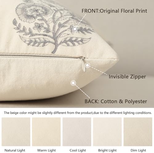 YCOLL Vintage Floral Print Pillow Covers 18x18 Set of 2 Patterned Accent Decorative Cushion Covers Modern Farmhouse Throw Pillow Covers for Sofa Couch Chair Bed Living Room Home Decor, Quiet Gray