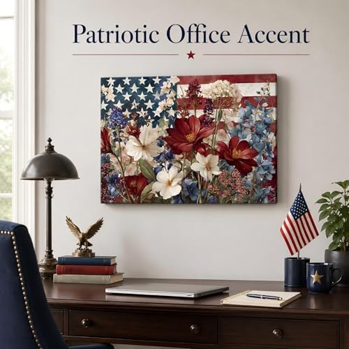 Patriotic Floral American Flag Framed Canvas Wall Art, 4th of July Wildflower Pictures, Independence Day Canvas Prints for Living Room, Bedroom, Kitchen, Farmhouse, Home Wall Decor