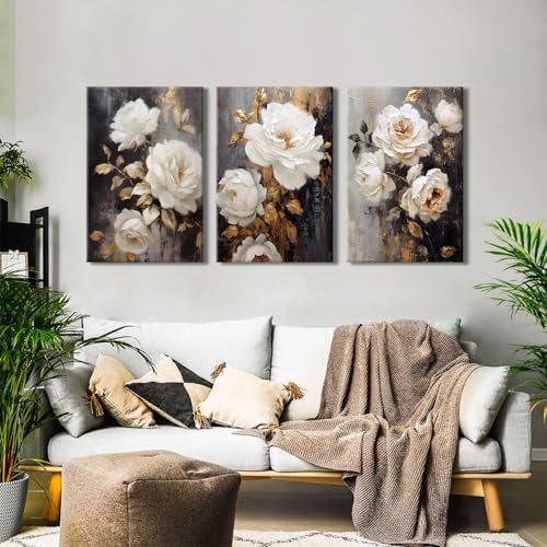 Abstract Wall Art Peony Flowers Wall Decor Farmhouse White Floral Canvas Prints Picture Vintage Botanical Painting Rustic Wildflower Poster Artwork for Bedroom Living Room Home Decoration 16x24” 3Pcs