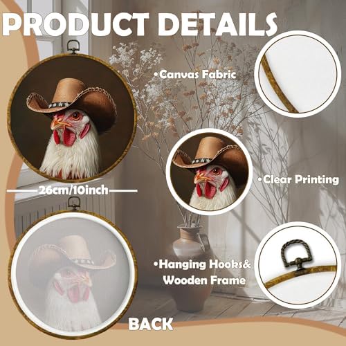 CUANFDDSF Western Chicken Cowboy Round Wall Art, Rustic Farmhouse Funny Animal Framed Hanging Wall Decor, Whimsical Cowboy Country Chicken Canvas Prints Decorations for Gallery Bedroom, 10x10 Inch