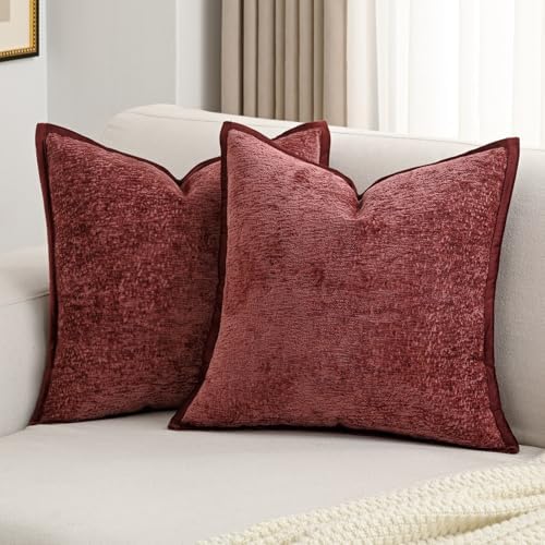 FUTEI Pack of 2 Chenille Soft Throw Pillow Covers 22x22 Inch, Burgundy