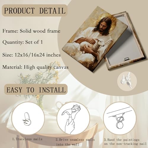 Jesus and Lamb Canvas Wall Art Jesus Saves the Lost Lamb Pictures Wall Decor God Leaving 99 Sheep Poster Prints Christian Religious Painting Artwork for Living Room Bedroom Church 12x16 Inch