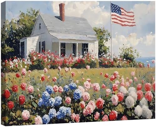 RIBNTAK Patriotic American Flag & Floral Farmhouse Canvas Wall Art, 4th of July Coastal Cottage Pictures, Wildflower Landscape, Independence Day Wall Decor for Living Room, Kitchen, Made USA