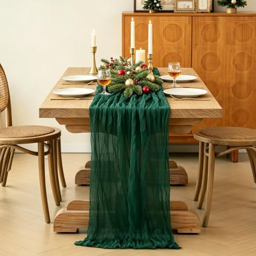 6Pcs Christmas Table Runner, 10FT Cheesecloth Emerald Green Table Runners 35*120inch Rustic Vintage Table Runner for Christmas Indoor Home Kitchen Table Party Decorations