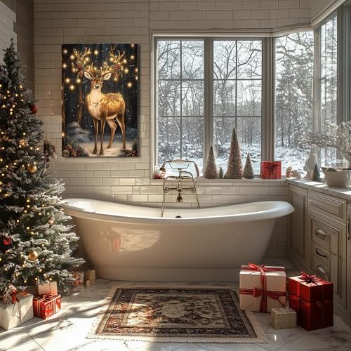 FLZYKGPA Christmas Reindeer Wall Art Framed 16x24, Cottage Winter Forest Wildlife Deer Picture Wall Decor, Rustic Xmas Cozy Winter Hanging Canvas Prints for Home Bedroom Living Room Decoration