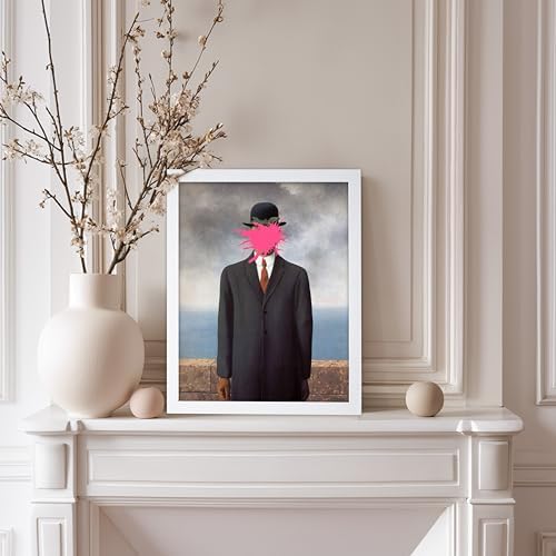 Poster Master Man in Overcoat Print - The Son of Man Painting Poster - Altered & Pop Art - Gift for Men & Women - Surreal Decor for Bedroom, Living Room or Office - 8x10 White Framed