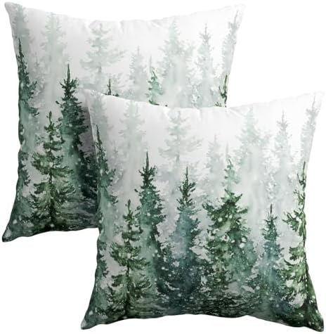 Winter Forest Pillow Covers 24x24 Inch 2Pcs Watercolor Green Misty Pine Tree Nature Landscape Throw Pillows Cover Mountain Square Cushion Cover for Home Sofa Patio Living Room