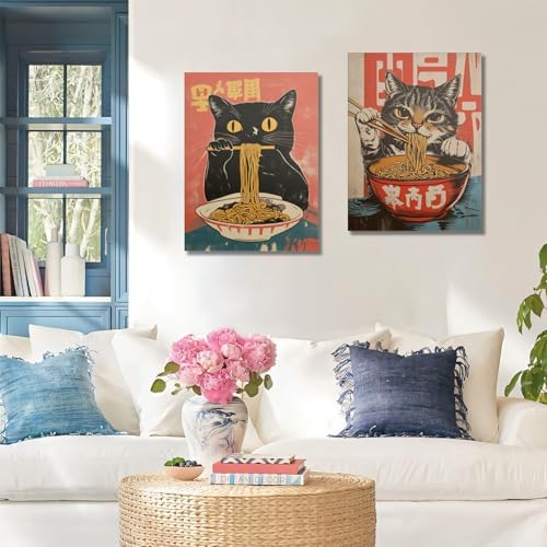 Framed Funny Black Cat Canvas Wall Art Set of 2, Vintage Japanese Cat Eating Ramen Poster, Unique Gifts and Animal Lover Printing Picture for Living Room Kitchen Dining Room Wall Decor 12x16in