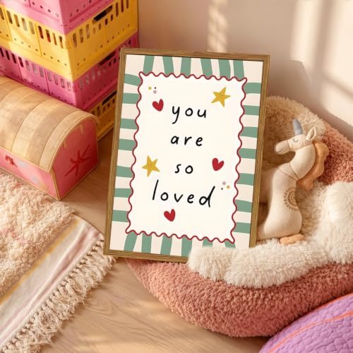 Framed You Are So Loved Wall Art, Cute Baby Boy Girl Nursery Wall Decor, Sage Green Striped Inspirational Quote Paintings Canvas Prints Pictures for Toddler Kids Bedroom 12x16 inch