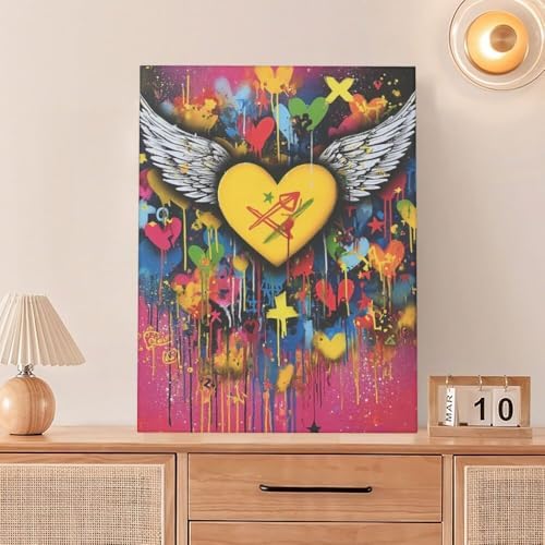 Crekviy Banksy Wall Art Street Graffti Wall Decor Heart Wings Canvas Prints Painting Romantic Artwork Decorations for Bathroom Bedroom Living Room Office Framed Gifts 12"x16"