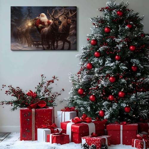 Santa Claus Framed Christmas Wall Art 12x18in, Festive Holiday Wall Decor for Office, Winter Reindeer Canvas Art Print, Farmhouse Christmas Pictures for Living Room Indoor Decorations