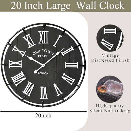 EMAX HOME 20 Inch Large Farmhouse Wall Clock, Rustic Black Distressed Wood Grain Face with White Roman Numerals, Silent Non-Ticking Quartz Movement, Metal Frame Wall Decor for Living Room, Bedroom.
