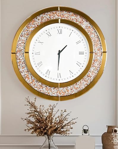 Crushed Diamond Wall Clock: Round Mirrored Clock 23.6 inch Brown