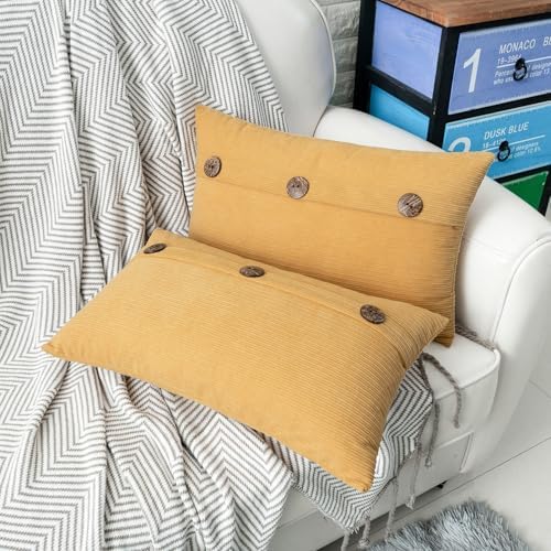 HWY 50 Mustard Yellow Chenille Throw Pillow Covers 12x20 Inch Buttons