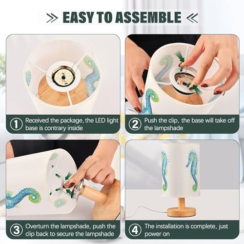 Table Lamp Watercolor Seahorse Marine Animal Nightstand Lamp with Wood Base Fabric Lamp Shade Bedside Desk Lamp for Living Room Bedroom Kids Room Office