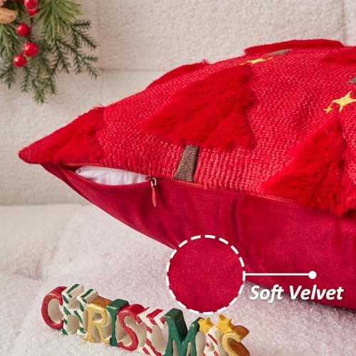 Kevin Textile Christmas Tree Pillow Covers 18x18 Inch Set of 2 Twinkle Golden Star Embroidery Soft Plush Faux Fur Throw Pillowcases for Couch Sofa Holiday Festivals Winter Xmas Gift, Red