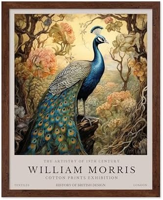 Poster Master William Morris Poster - Peacock Print - Bird Art - Botanical Design - Flower Art - Exhibition Display - Animal Illustration - Floral Design - Aesthetic Office or Bedroom Decor - 16x20 Brown Framed