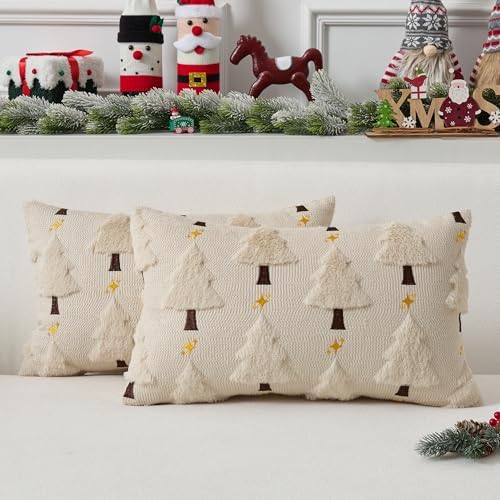 UGASA Star Christmas Decorative Pillow Covers 12x20 Inch Set of 2 Soft Plush Faux Fur Jacquard Throw Pillows Pillowcases for Couch Sofa Holiday Festivals Winter Home Decor, Beige