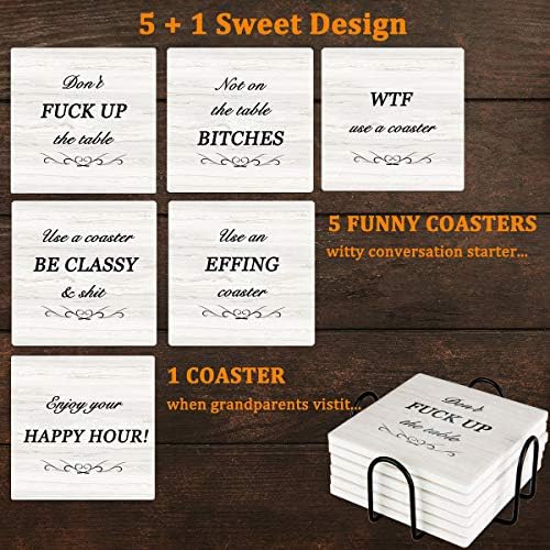 Funny Coasters for Drinks Absorbent with Holder, Coasters Set of 6 for Wooden Table Housewarming Gift New Home Apartment Kitchen House Decor Gift for Women Men