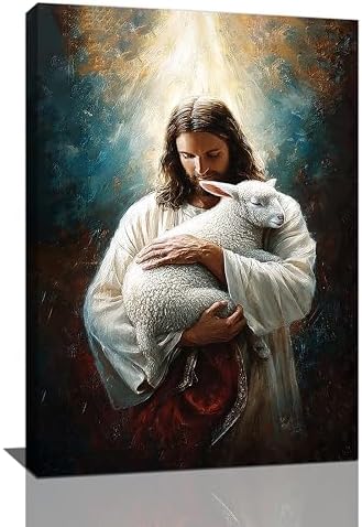 Jesus and Lamb Wall Decor Pictures Jesus with Lamb Wall Art Religious Christian Canvas Prints Painting God Faith Artwork Decoration for Bathroom Bedroom Living Room Framed Gifts 20"x24"