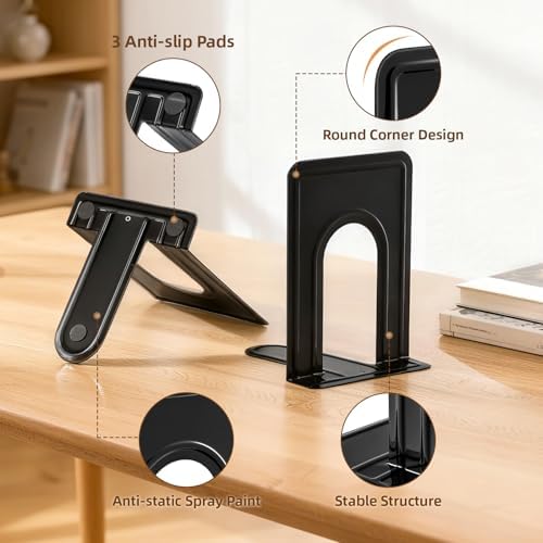 HappyHapi 3 Pairs Book Ends, Heavy Duty Bookends for Shelves, Black