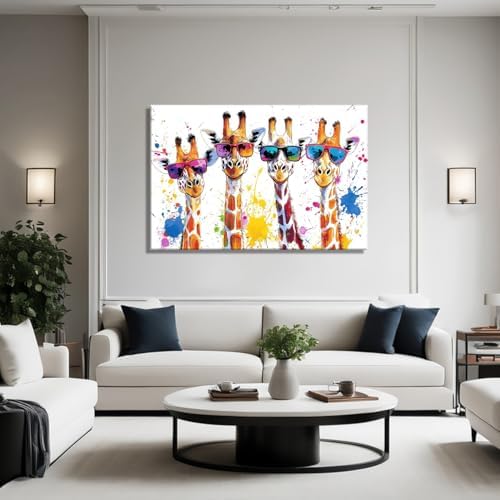 Giraffe Canvas Wall Art Giraffe Family with Glasses Picture Graffiti Painting Animal Prints Modern Artwork for Living Room Bedroom Nursery Wall Decor Framed(Giraffe-14,12.00"x18.00")