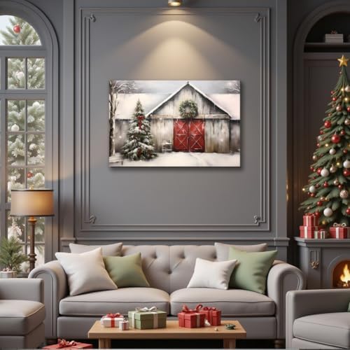 Vintage Christmas Barn Wall Art 20x30inch, Retro Winter Snow Landscape Holiday Xmas Artwork Poster Framed Christmas Tree Wall Decor for Home Farmhouse Bedroom Gallery Decorations
