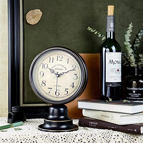 Mid Century Modern Desk Clock - Vintage Tabletop Metal Clock for Bedroom, Kitchen, Office, Living Room - Silent Decor - Battery Operated - Black