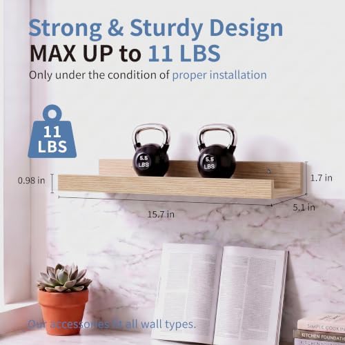 Oak Picture Ledge Shelves, 16 Inch Floating Wall Shelf Set of 2