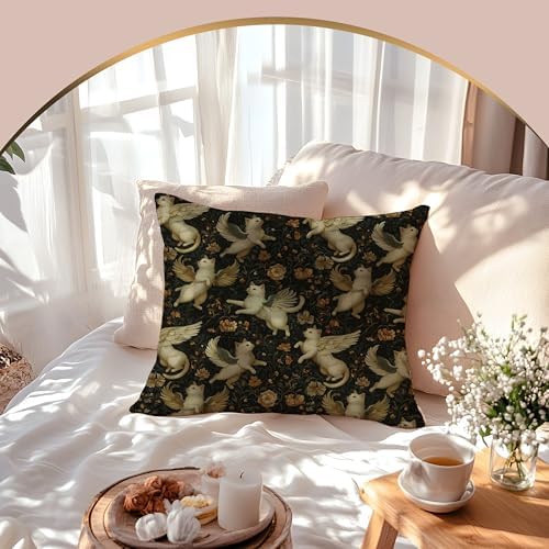 Retro Mythical Cats Floral Pillow Covers 18x18 Double-Sided, Cat Room Home Decor, Whimsical Magic White Cats Cottagecore Wildflower Botanical Decorative Throw Pillow Covers