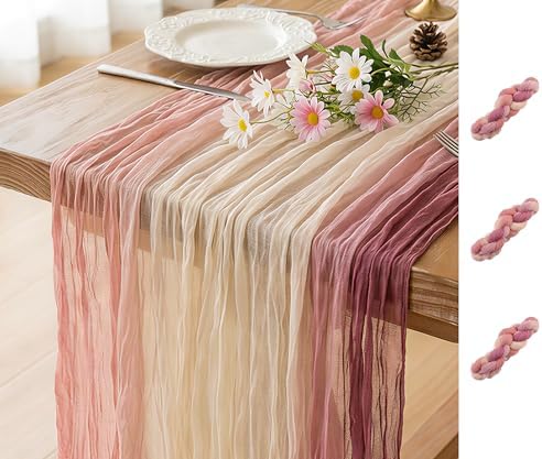 FEXIA 3 Pack Cheesecloth Table Runner 35x120 Inches Tie Dye Nude Pink Gauze Table Runner for Wedding Party Bridal Shower First Communion Centerpiece Engagement Boho Table Decoration for Dinning Room