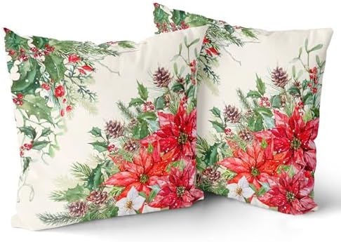 Giwawa Poinsettia Throw Pillow Covers Set of 2, 18"x18" Christmas Holly Berries Pine Cones Winter Red Floral Decorative Square Pillow Cases, Soft Cotton Cushion Covers for Sofa Porch Bedding Decor
