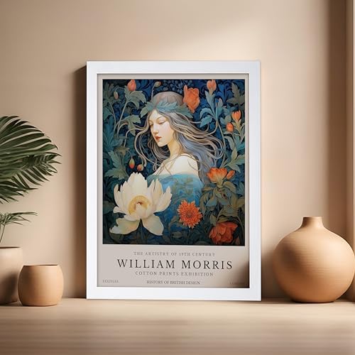 Monem Art William Morris Poster - Woman and Flowers Art Print - Lady Art - Floral Design - Flower Illustration - Aesthetic Bedroom or Living Room Decor - 16x20 White Framed