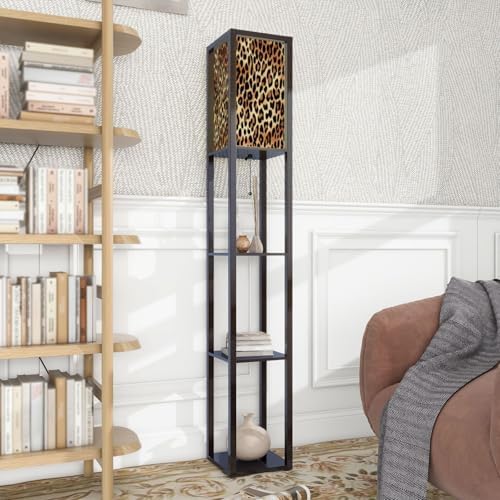 Standing Lamp with Shelves Tall Leopard Skin Stylish Blouse Leopard Skin Theme Modern Wood Corner Lamp for Bedroom Living Room Office Floor Lamp Mid Century Room Decor