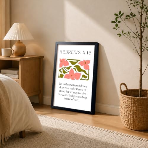 Framed Hebrews 4:16 Bible Verse Wall Art, Christian Floral Canvas Wall Decor Painting, Boho Religious Inspirational Scripture Print Poster Picture for Living Room Bedroom Prayer Room Home Decor 16x24 Inch