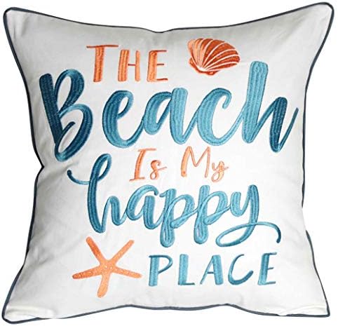 Embroidered The Beach is My Happy Place Throw Pillow Cover,Square 18 inches Decorative Canvas Pillow Cover with The Beach is My Happy Place Pattern,Cover Only