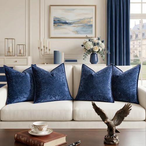 a moment Throw Pillow Covers 26X26 Inch 4 Packs,Soft Velvet Decorative Pillow Cases with 3D Ice Flower,Texture Modern Accent Cushion Covers for Sofa Couch Home Decor Navy Blue
