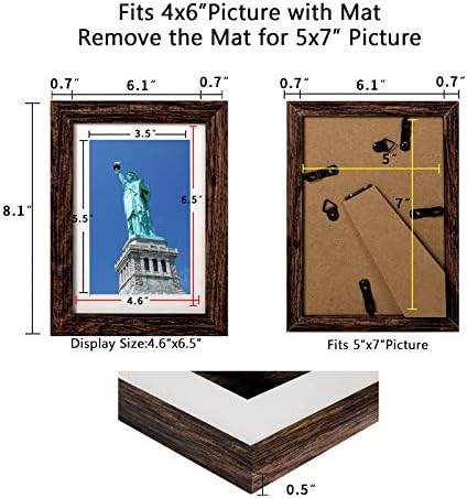 BAIJIALI 5x7 Picture Frame Rustic Brown Wood Pattern Set of 4 with Tempered Glass,Display Photos 4x6 with Mat or 5x7 Without Mat, Horizontal and Vertical Formats for Wall and Table Mounting