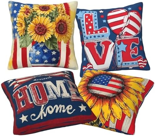 4th of July Throw Pillow Covers Set of 4 Decorative Soft Double Sided Print Pillow Case Farmhouse Home Decor for Living Room Sofa Couch 18x18