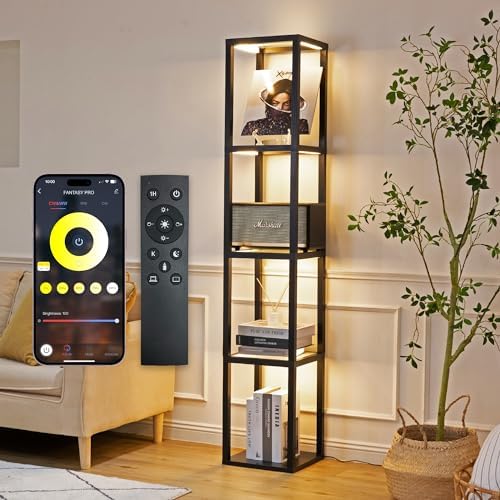FENLO Fantasy Pro - 66" Glass Dimmable LED Floor Lamp with Shelves for Bedroom, Tempered Glass Display Shelf Lamp for Living Room, Open Display Stand for Business, Long Lasting LED, Unique Home Decor