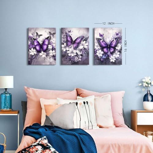 Purple Butterfly Wall Art Bathroom Decor Abstract White Flowers Pictures Purple Bedroom Decor Butterfly Canvas Prints Paintings Wildflower Landscape Artwork for Living Room Home Decoration 12x16" 3Pcs