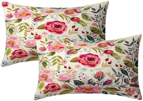 Spring Summer Flower Throw Pillow Covers 20x12 Inch Watercolor Peony Pillowcase Hot Pink Flora with Green Leaves Girly Decorative Cotton Cushion Cover Set of 2 for Home Garden Outdoor Bed